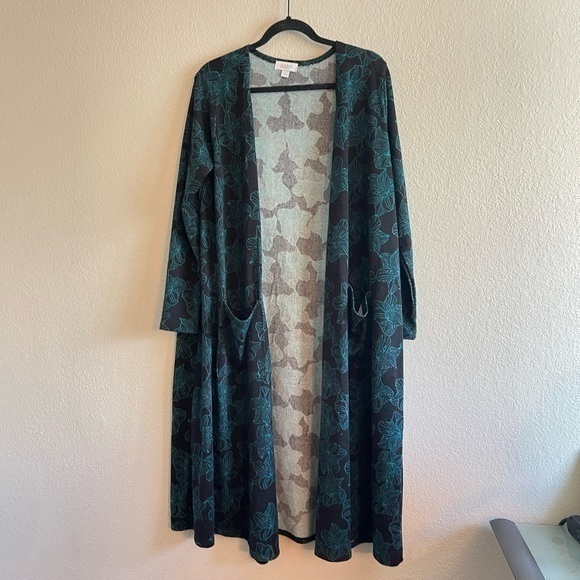 LuLaRoe Sweaters - LuLaRoe Longline Sarah Cardigan Open Black Green Floral Women's Size Large